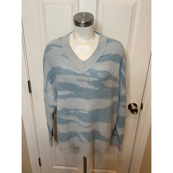 AllSaints Blue Animal Striped V-Neck Knit Sweater, Size Large - Picture 1 of 5